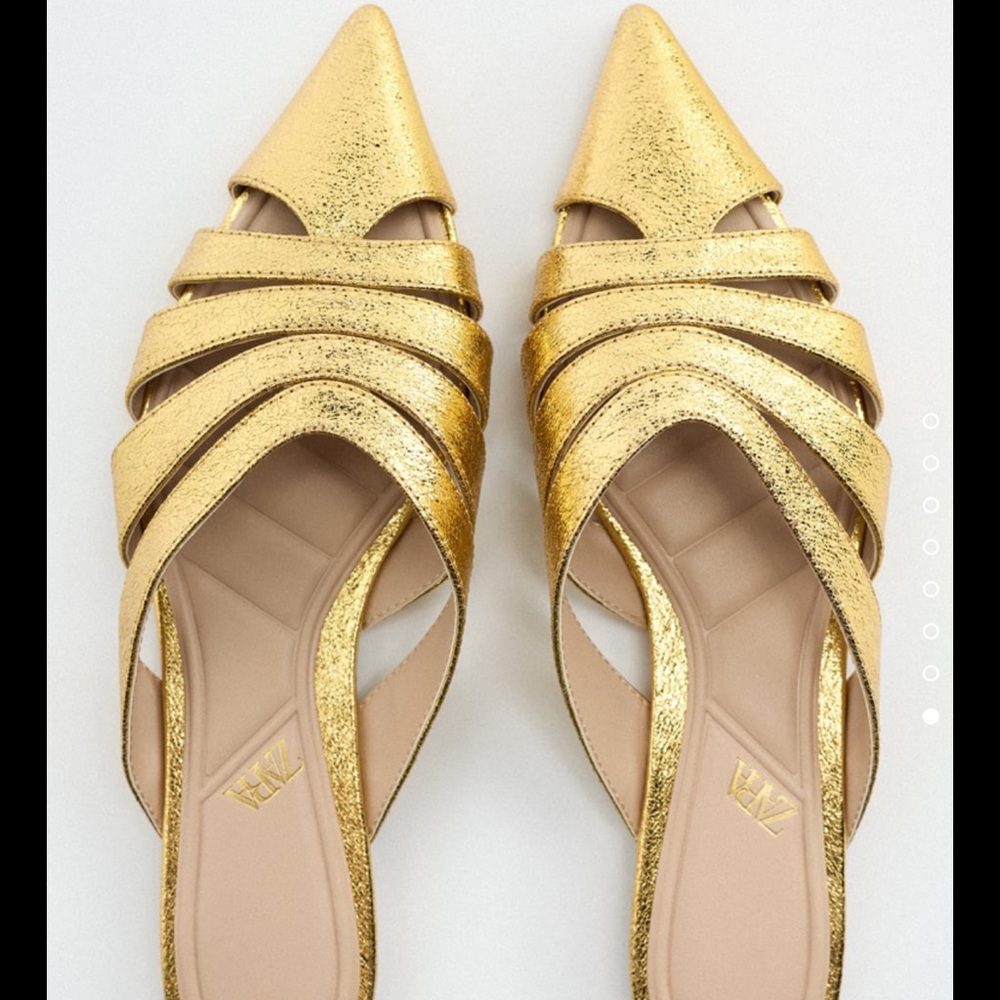 NWOT Zara Gold Metallic Pointed Toe Mules - Picture 6 of 9